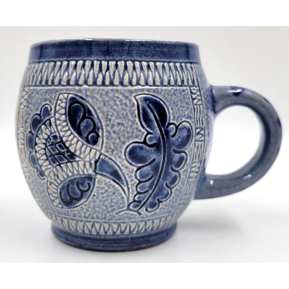 Marzi Remy 3141 Pottery Mug German Stein Blue Engraved Floral Cup 1950 - 1970 - Picture 2 of 8